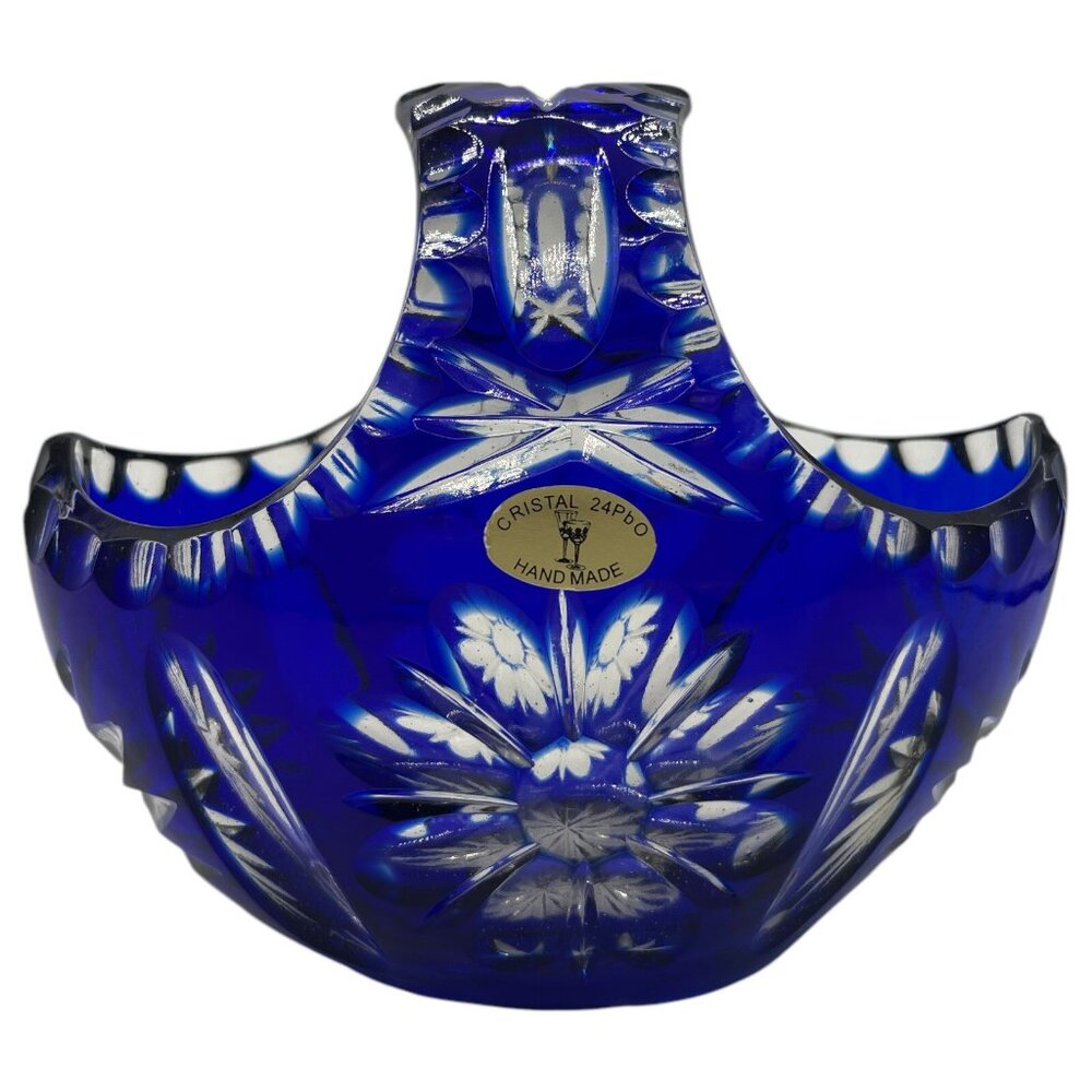 Vintage Cristal 24% Pbo‎ Handmade Cobalt Blue Glass Basket Heavy Lead Crystal